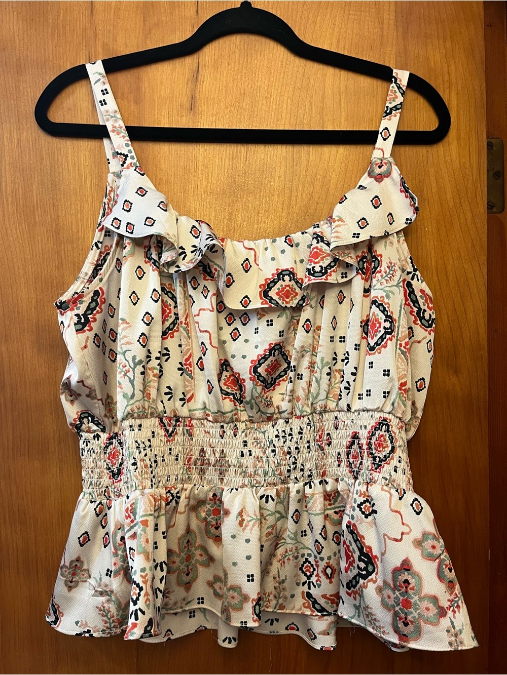 STATE Cream Floral & Geometric Ruffle Smocked Tank